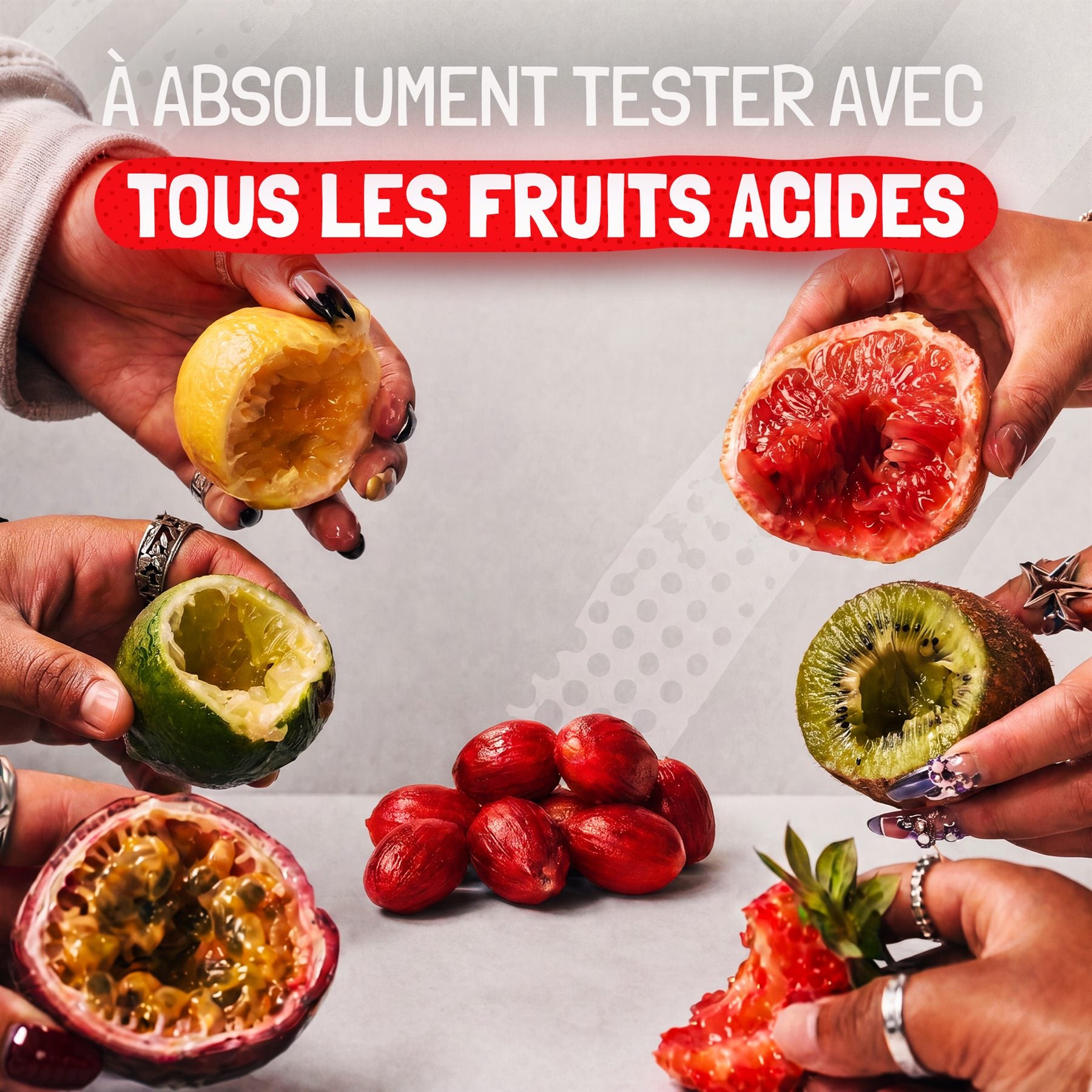 Fruits acides et mains stylisées Y2K